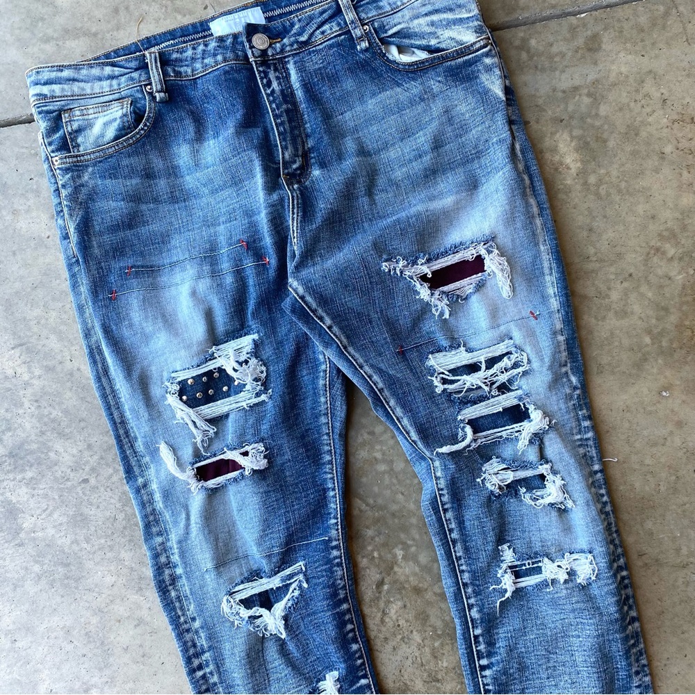 Lifted Anchors distressed patched repaired designer denim jeans tapered 40